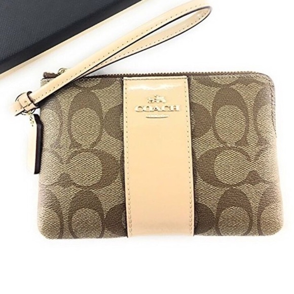 Coach Signature Leather Khaki/Platium Corner Zip Wristlet - Picture 2 of 6